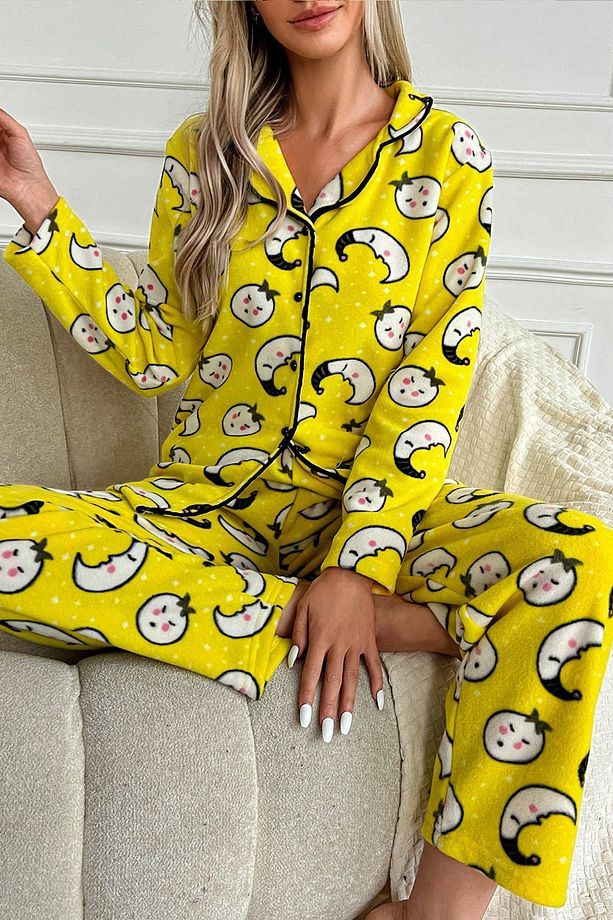 Kışlık Welsoft Peluş İnci Polar Düğmeli Pijama Takımı 'İpeksi Doku' - 2