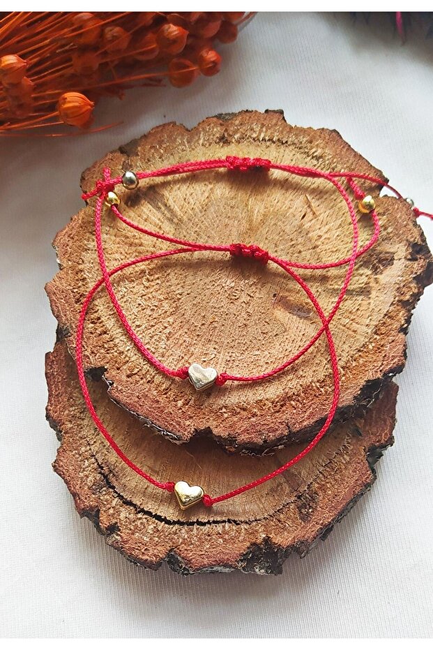 Red String Couple Bracelet with Hearts - Friendship Bracelets
