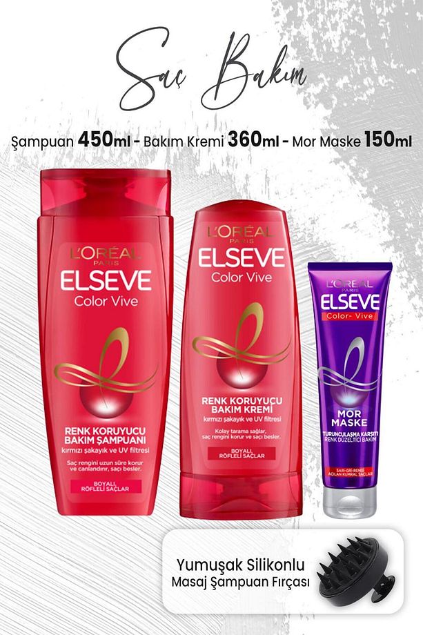 Color Vive Renk Koruyucu Şampuan 450 ml, Krem 360 ml, Mor Maske 150 ml ve Masaj Şampuan Fırça - 1