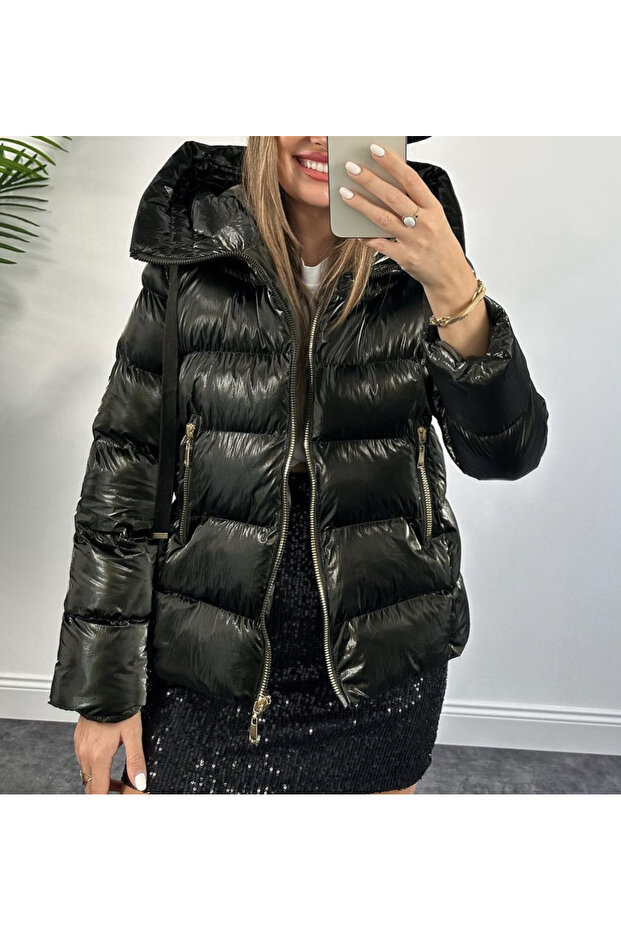 Shiny Puffer Coat Khaki