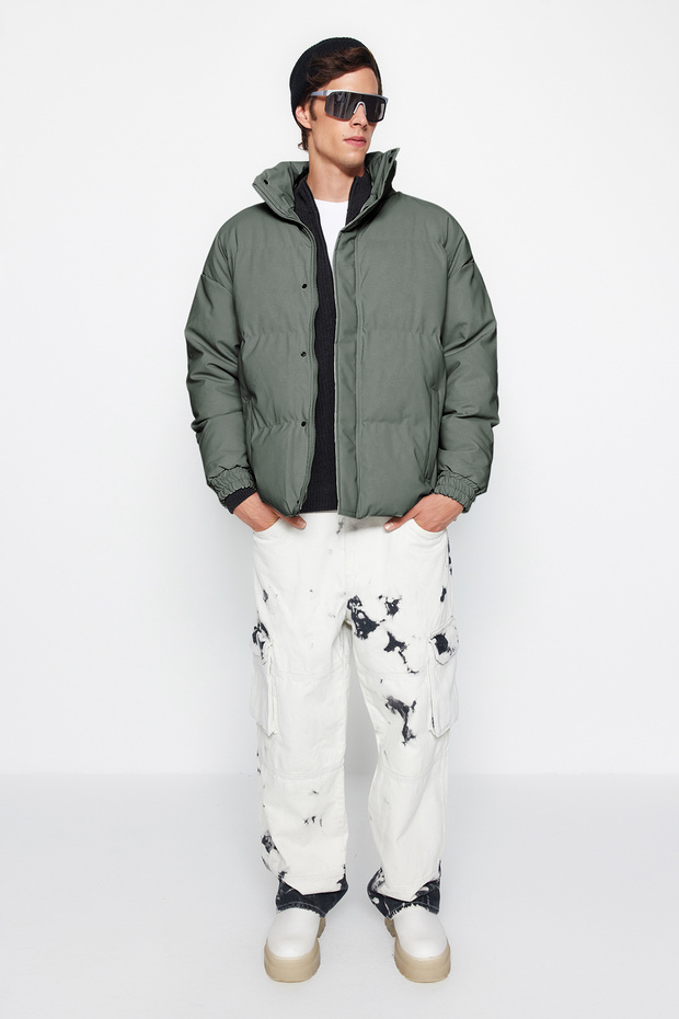 Haki Oversize Fit Dik Yaka Kışlık Şişme Mont TMNAW24MO00012 - 3