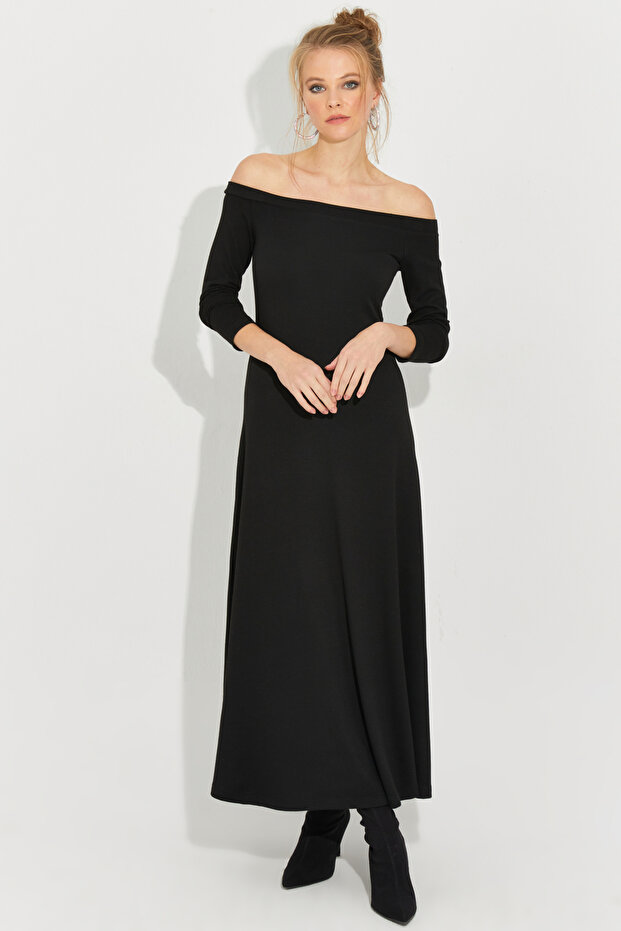 Kadın Siyah Madonna Yaka Midi Elbise BK272076 - 1