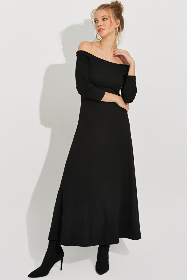 Kadın Siyah Madonna Yaka Midi Elbise BK272076 - 4