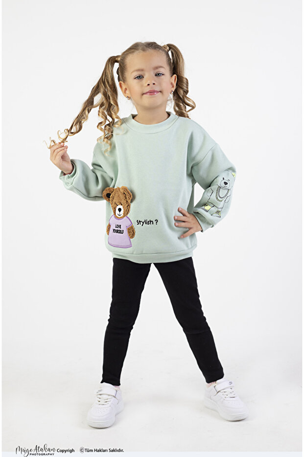 Girl's Medium Thickness Printed Knitted Basic Tights Top and Bottom Set