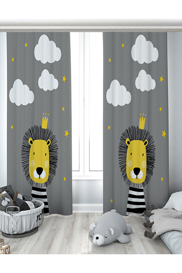 Aslanlı Bulutlu Çift Kanatlı Fon Perde EPP118 - 1