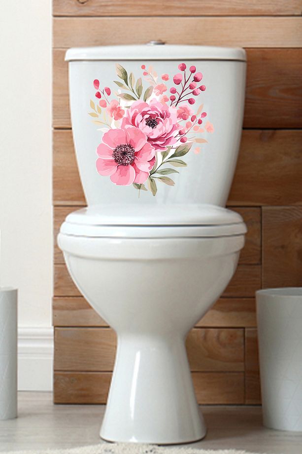Sulu Boya Pembe Çiçekler Klozet ve Banyo Sticker Seti - 4