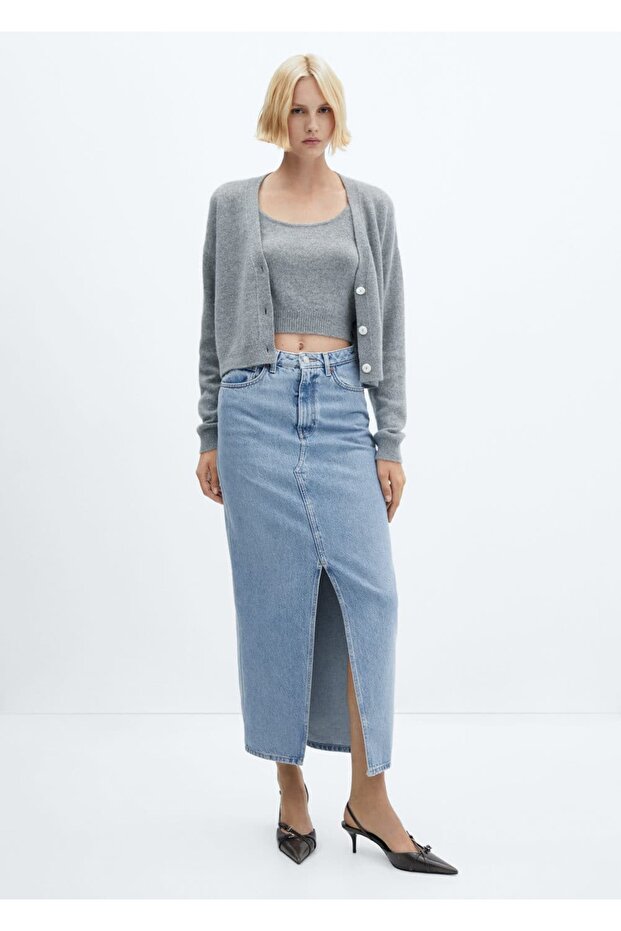 Yırtmaçlı denim etek - 2