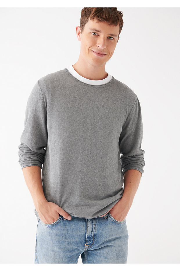 Grauer Pullover mit Rundhalsausschnitt, reguläre Passform / normaler Schnitt 0710022-80018 - 1