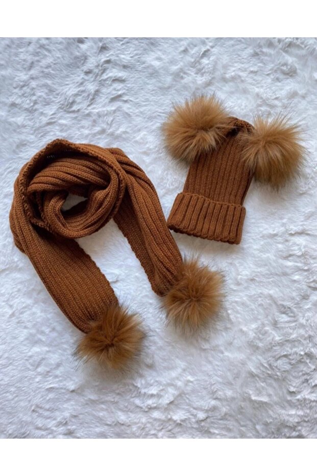 Set beretă eșarfă cu pompon dublu - 1