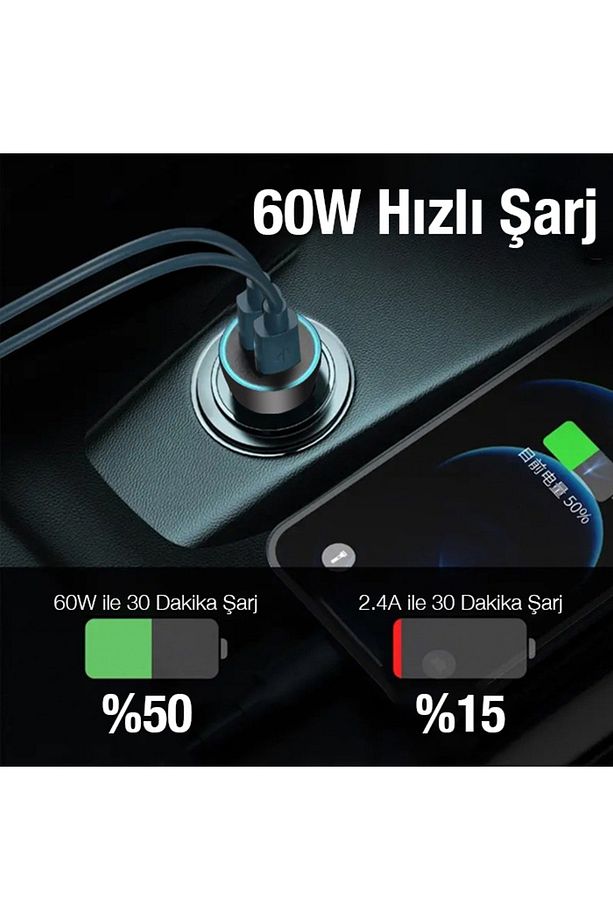 60w 2 Type-c Çıkışlı Araç Içi Çakmaklık Hızlı Şarj Başlığı uyumlu - 5