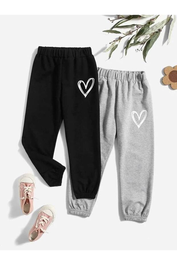 Girl's 2-Pack Minimal Heart Printed Grey-Black Tracksuit