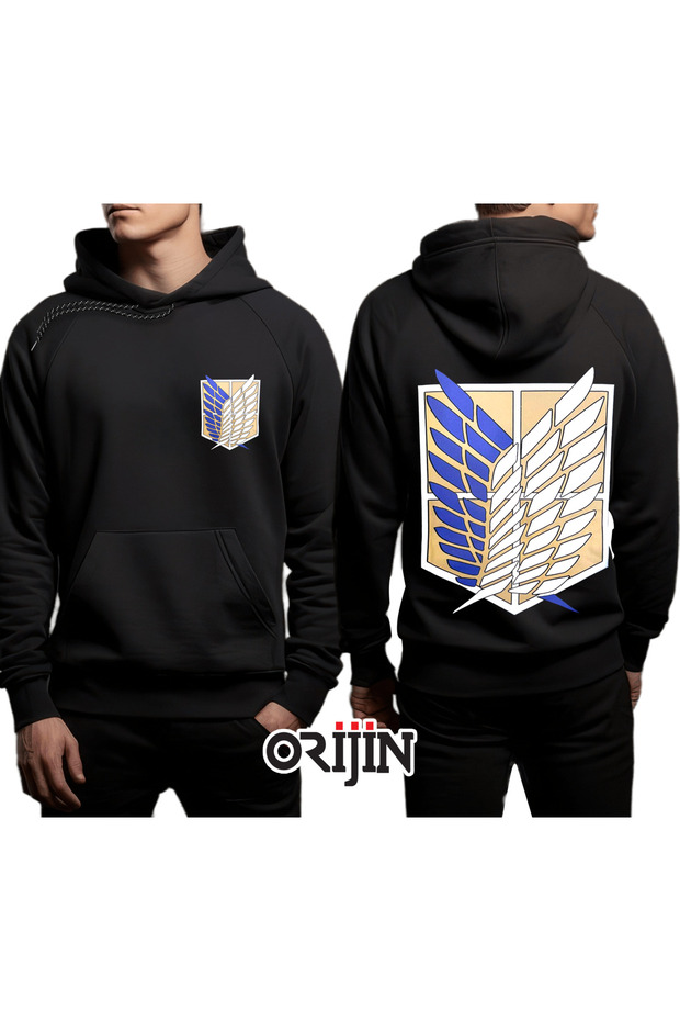 سويت شيرت بغطاء للرأس مطبوع عليه Attack on Titan Wings of Freedom من الأمام والخلف