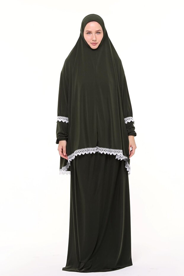 Women's Two Piece Lycra Sandy Fabric Lace Sleeve Prayer Dress-khaki