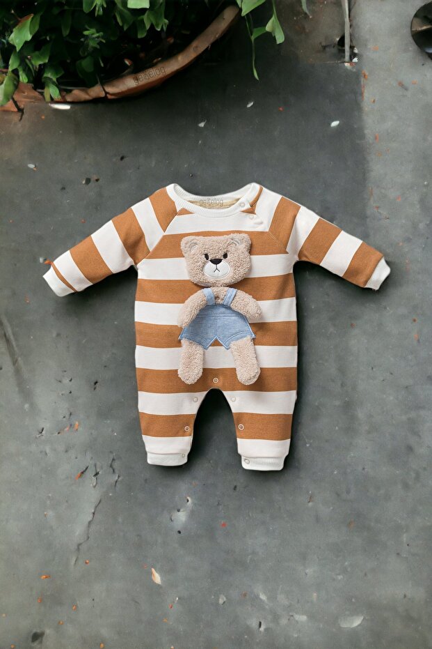 Baby Boy Striped Jumpsuit with Teddy Bear