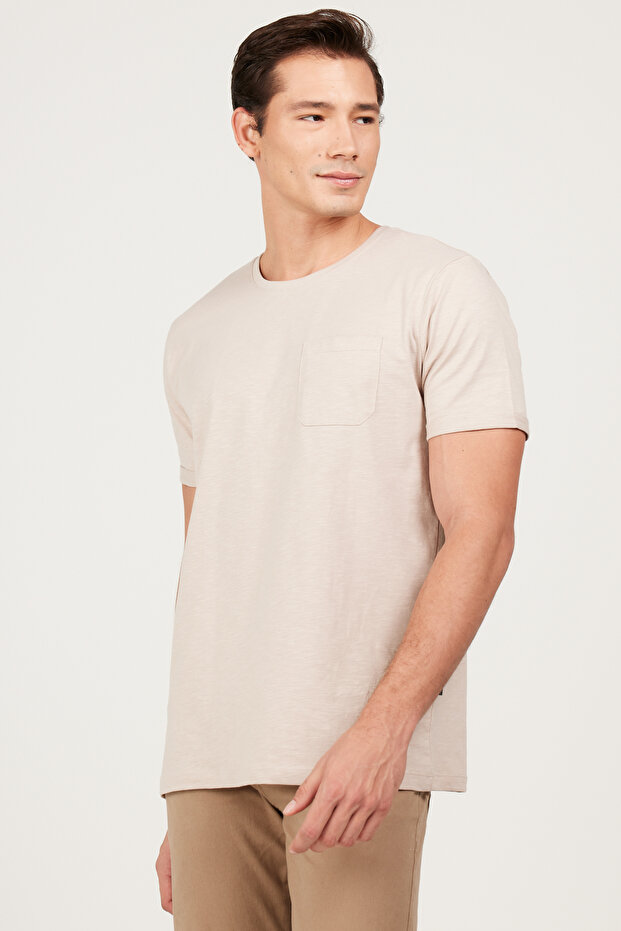 Men's Beige Slim Fit Narrow Cut 100% Cotton Crew Neck T-Shirt with Pockets