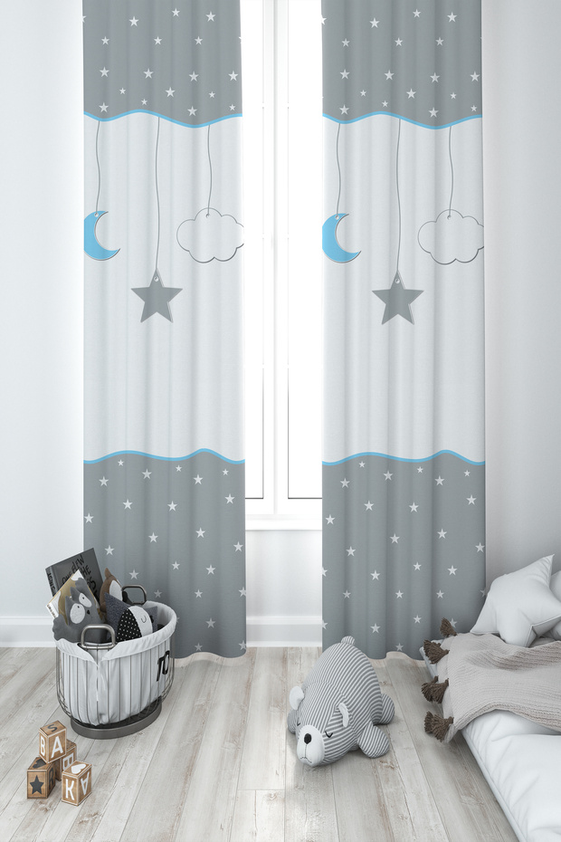 BABY AND CHILDREN'S ROOM Star and Moon Patterned Framed 2 Wing Background Curtain