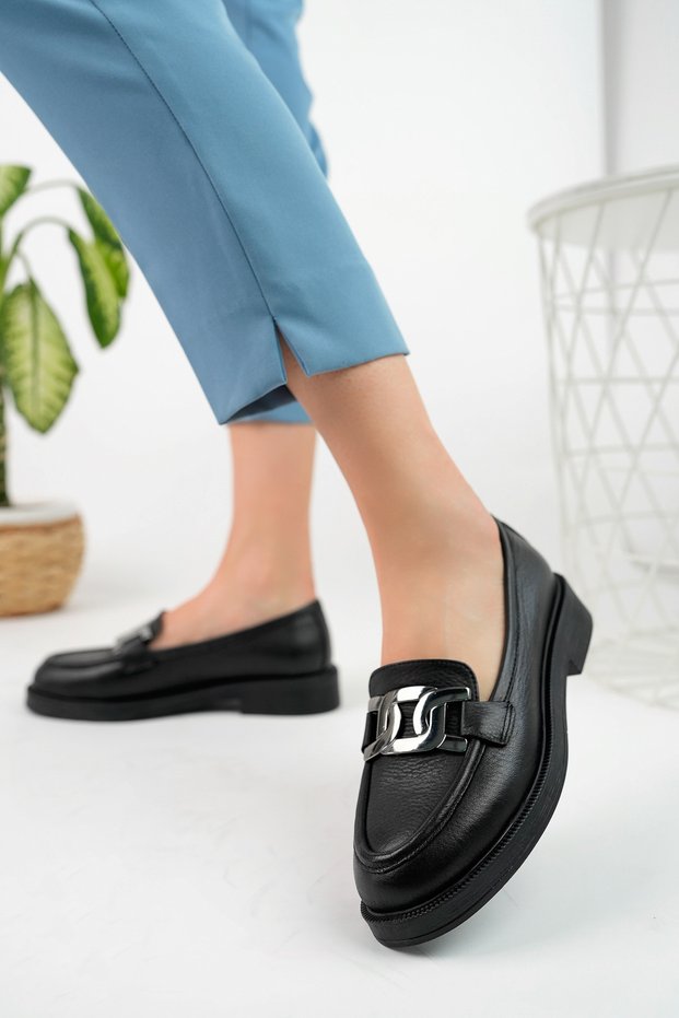 Genuine Leather Black Buckle Women's Shoes Loafer Genuine Leather Buckle Black Loafer