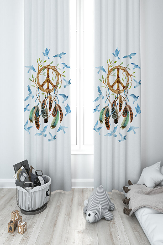 BABY AND KIDS ROOM Bird Patterned 2 Wing Background Curtain