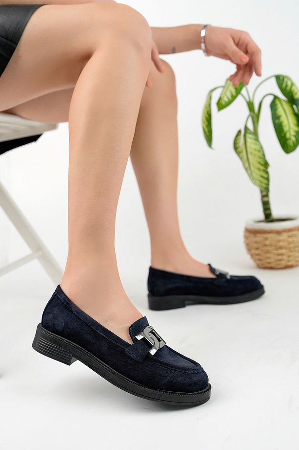 Hakiki Deri Lacivert Süet Tokalı Kadın Ayakkabısı Loafer - 2