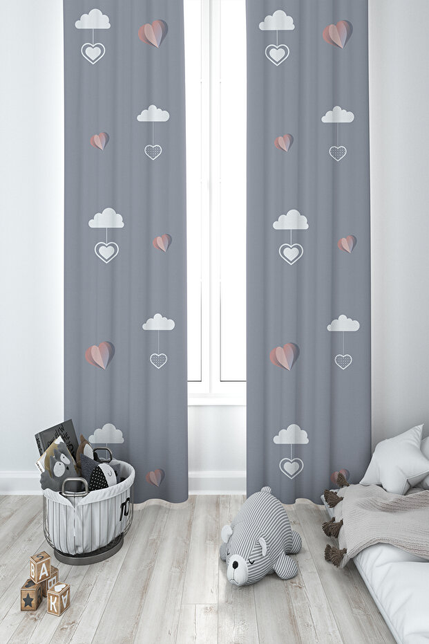 BABY AND KIDS ROOM Heart and Cloud Balloon Patterned 2 Wing Background Curtain
