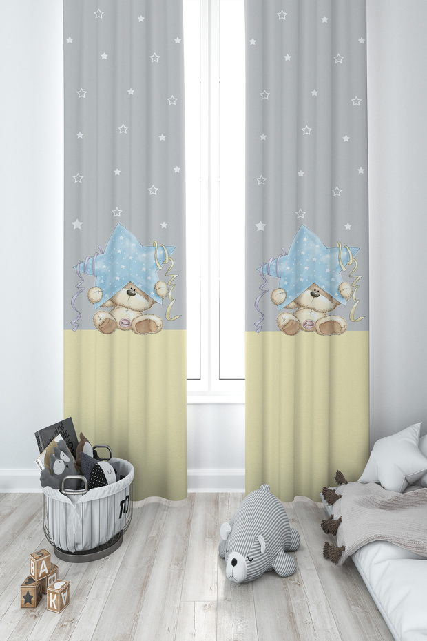 BABY AND KIDS ROOM Star and Teddy Bear Patterned Yellow Striped 2 Wing Background Curtain