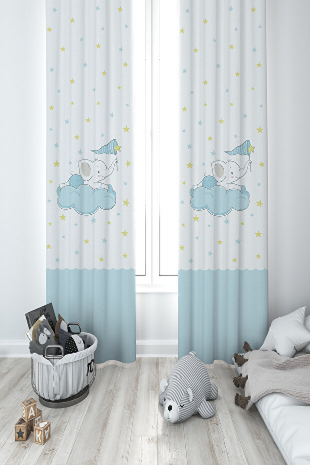 BABY AND KIDS ROOM 2 Wings Background Curtain with Flying Elephant Pattern on Cloud