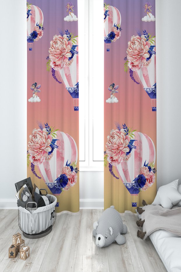 BABY AND KIDS ROOM Flying Balloon and Flower Patterned 2 Wing Background Curtain
