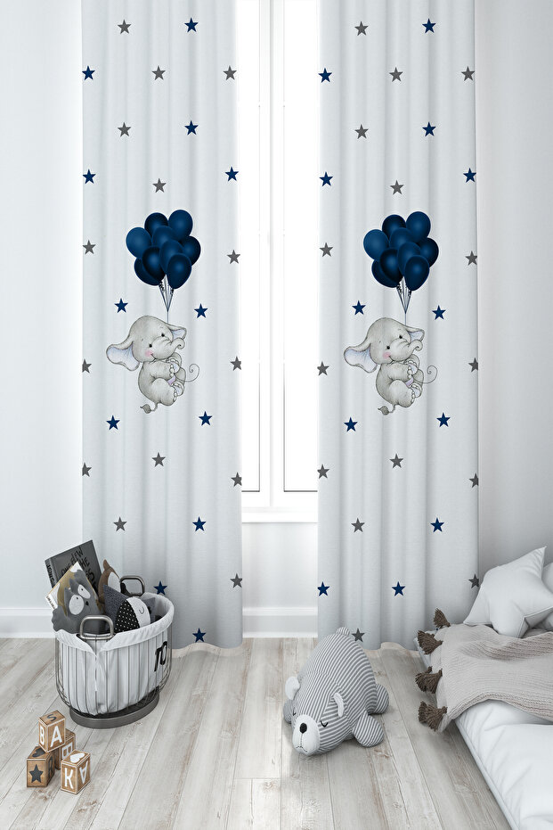 BABY AND KIDS ROOM Blue Balloon Patterned 2 Wing Background Curtain with Elephant