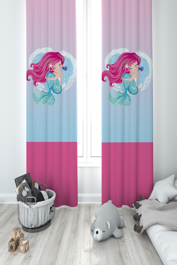 BABY AND KIDS ROOM Mermaid Patterned 2 Wing Background Curtain