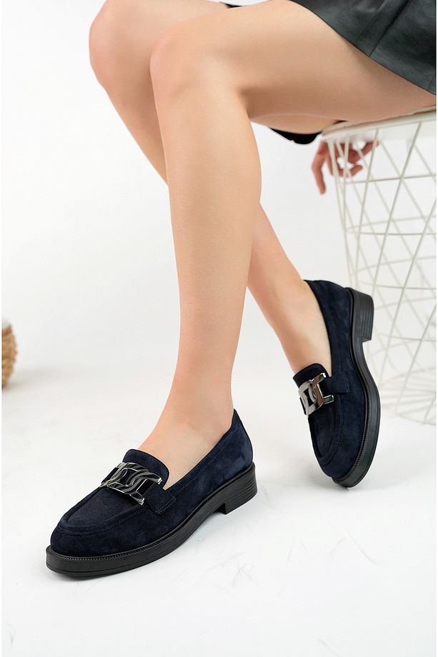 Hakiki Deri Lacivert Süet Tokalı Kadın Ayakkabısı Loafer - 3