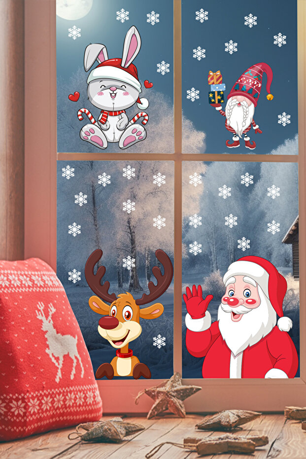 Santa Claus Deer Dwarf and Snowflakes Christmas Window Sticker Set