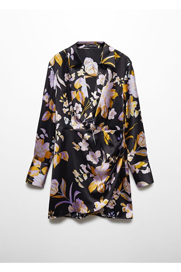 Çiçek Desenli Saten Elbise - 3