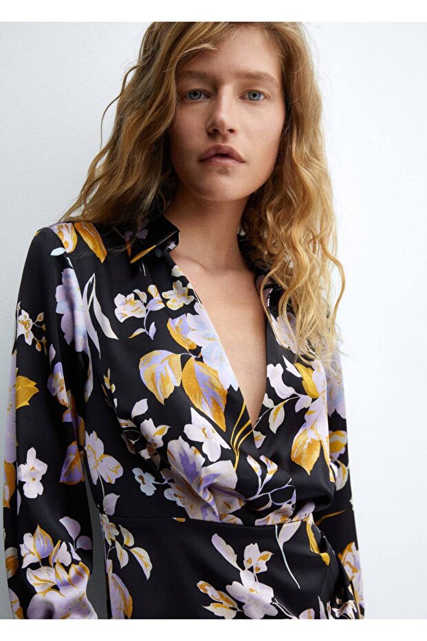 Çiçek Desenli Saten Elbise - 6