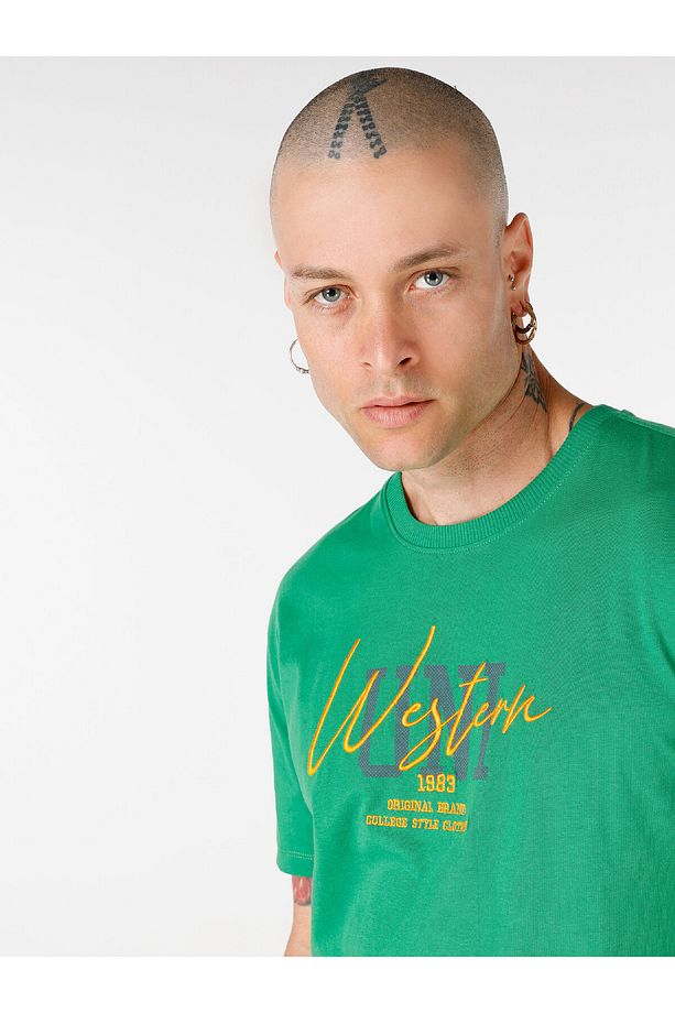 Regular Fit Bisiklet Yaka Baskılı Yeşil Erkek Kısa Kol Tişört - 4