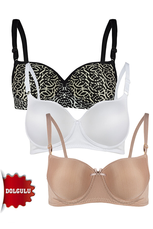 حمالة صدر نسائية مبطنة منقوشة/عادية مكونة من 3 قطع - 1