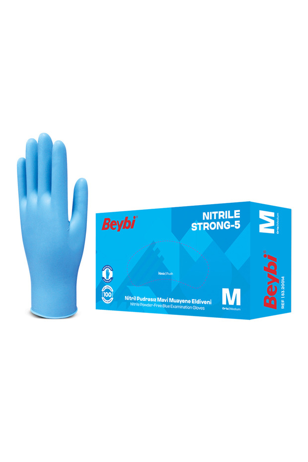Strong-5 Blue Nitrile Gloves - Box of 100, Powder Free Examination, SIZE M