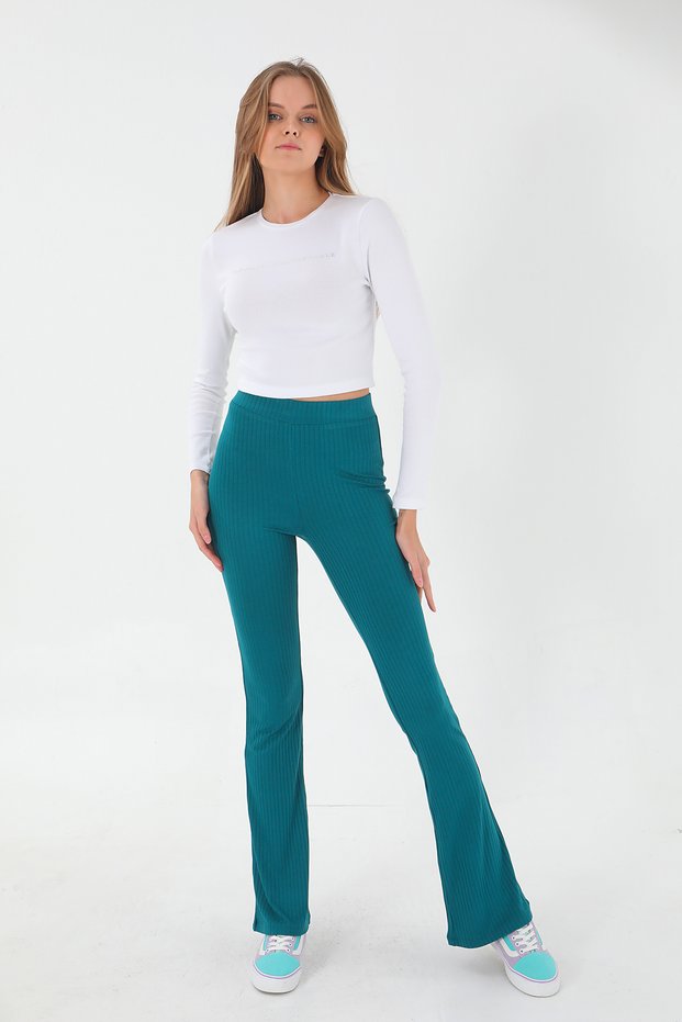 Ribbed Flare / Flare Leg High Waist Stretchy Knitted Leggings Trousers Dark Green