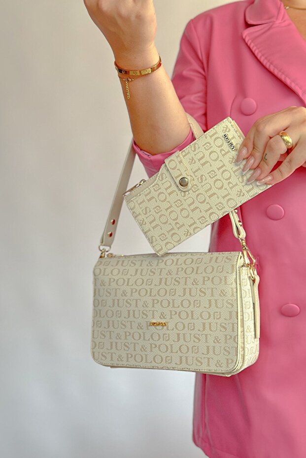 Medium Size Sports Model Multi-Compartment 2 Straps Women's Cross Shoulder Bag 2174 Cream Combined