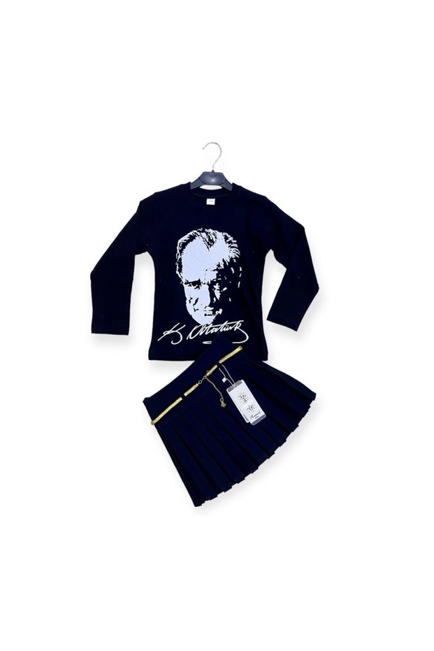 GIRL LONG SLEEVE ATATURK PRINTED T-SHIRT - PLEATED SKIRT, TOP AND BOTTOM SET