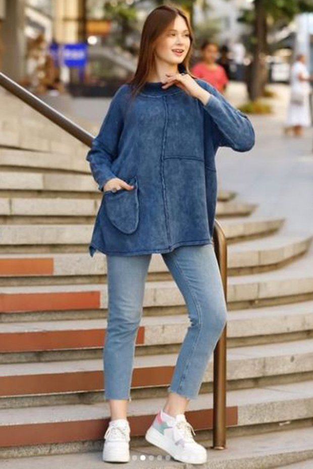 Women's Navy Blue Wide Turtleneck Pocket Detailed Long Sleeve Oversize Ethnic Authentic Cotton Knitwear Blouse