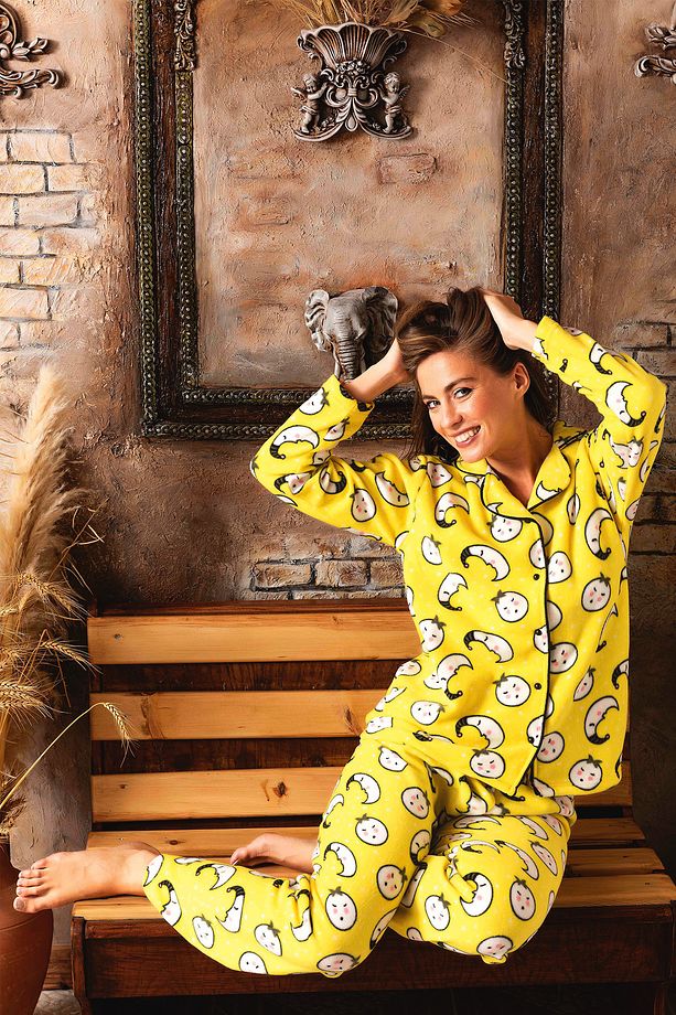 Kışlık Welsoft Peluş İnci Polar Düğmeli Pijama Takımı 'İpeksi Doku' - 5
