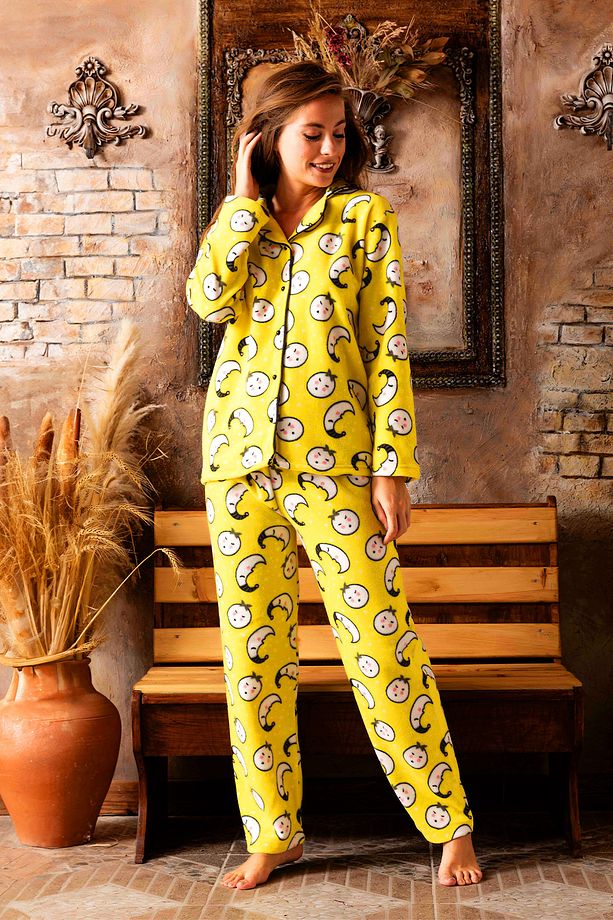 Kışlık Welsoft Peluş İnci Polar Düğmeli Pijama Takımı 'İpeksi Doku' - 6
