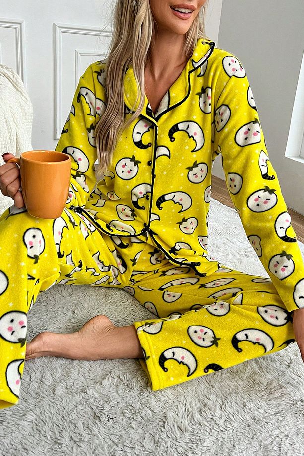 Kışlık Welsoft Peluş İnci Polar Düğmeli Pijama Takımı 'İpeksi Doku' - 1