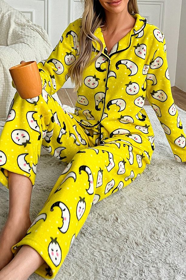 Kışlık Welsoft Peluş İnci Polar Düğmeli Pijama Takımı 'İpeksi Doku' - 4