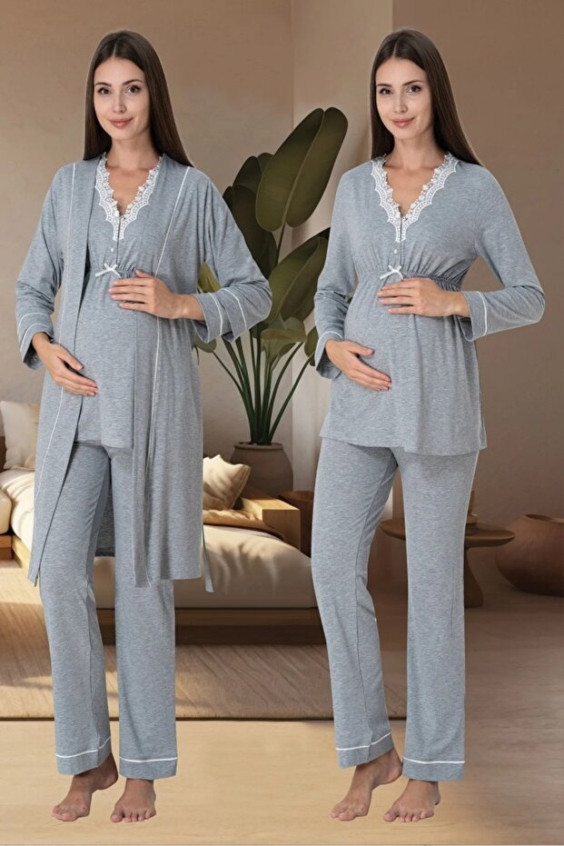 Gray Lace Detailed Maternity Pajama Set with Dressing Gown Effortt