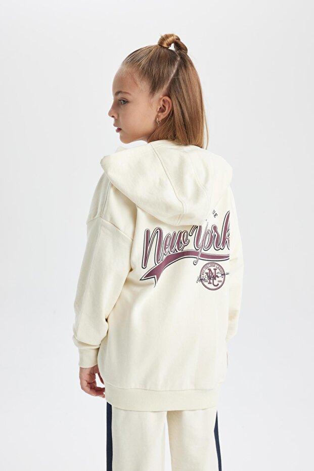 Girl's Hooded Back Printed Thick, Soft Inside Cardigan
