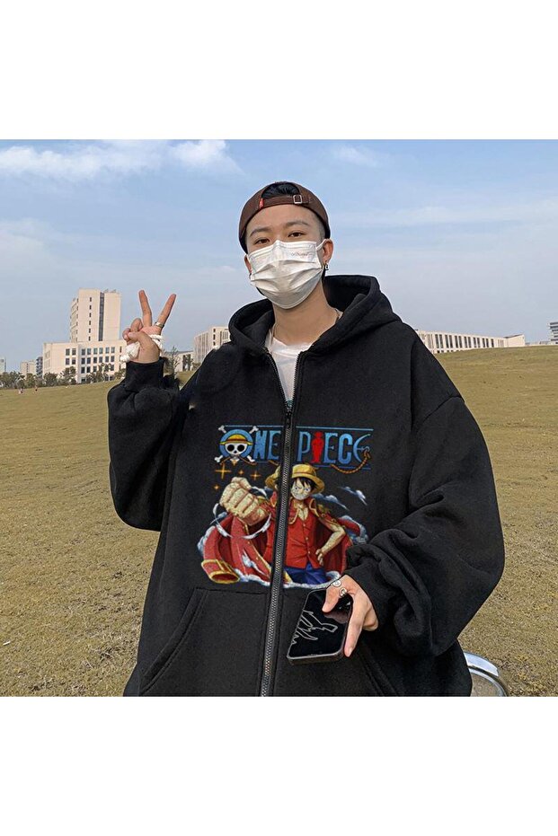 One Piece Fist Printed Oversize Zippered Black Unisex Hooded Cardigan