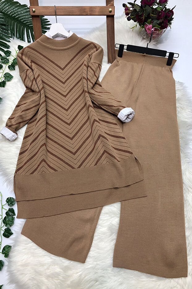 Glitter Knitwear Tunic Trousers Set - Camel