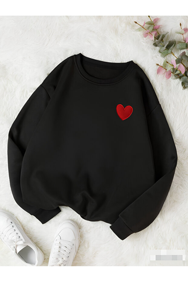Heart Printed Black Crew Neck Oversize Sweatshirt