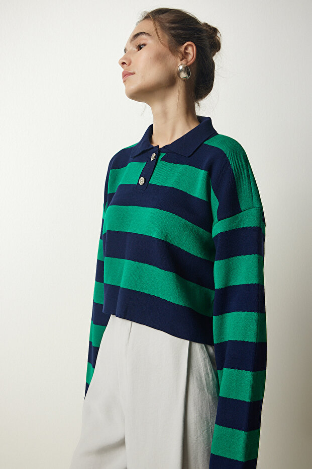 Women's Navy Blue Green Stylish Buttoned Lapel Striped Crop Knitwear Sweater BV00115